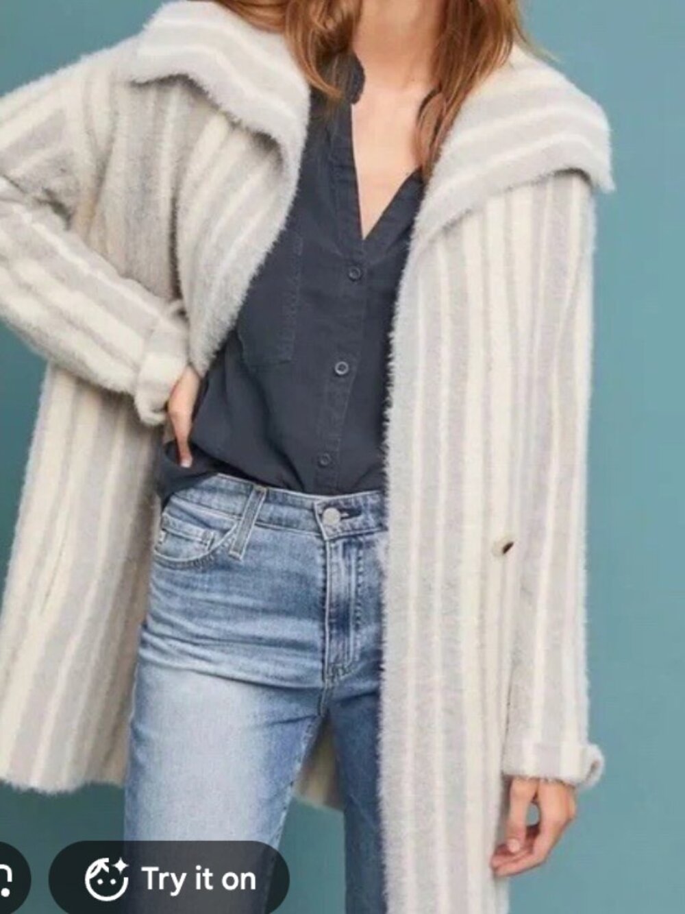Anthropologie Moth Gray Cream Eyelash Button Oversized Sweater Coatigan Small